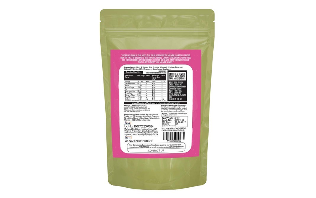 Nutriplato Nuts Raisins & Berries Trial Mix Berries In The Morning   Pack  340 grams